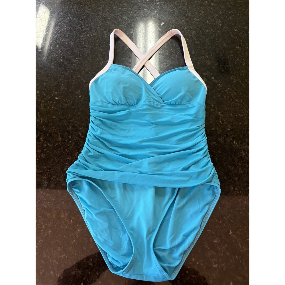 Lauren Ralph Lauren Women's One Piece Swimsuit Sz 10 Ruching Full Coverage Blue